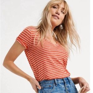 Lucky Brand Orange and White Venice Burnout Striped V Neck Short Sleeve Size XS